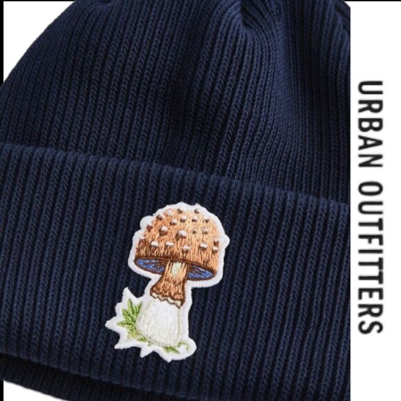 NEW Urban Outfitters Druthers Gorey Navy Embroidered Mushroom Shroom Beanie Hat - Picture 2 of 3